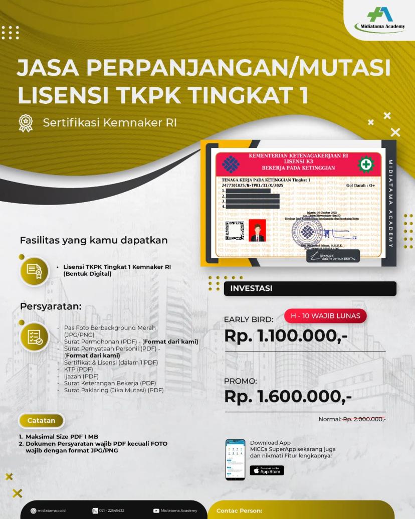 Tenaga Kerja Pada Ketinggian Tingkat 1 (TKPK) Batch 11 LISENSI